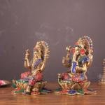 Pure Brass Ganesh Lakshmi Idols Pair with Meenakari Stonework - 12" Height